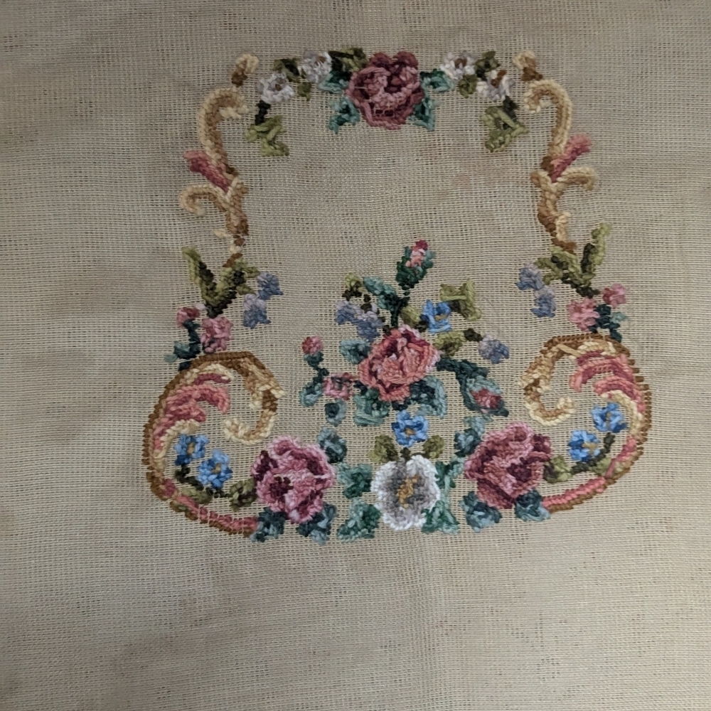 Vintage Floral Embroidered Fabric Needlepoint